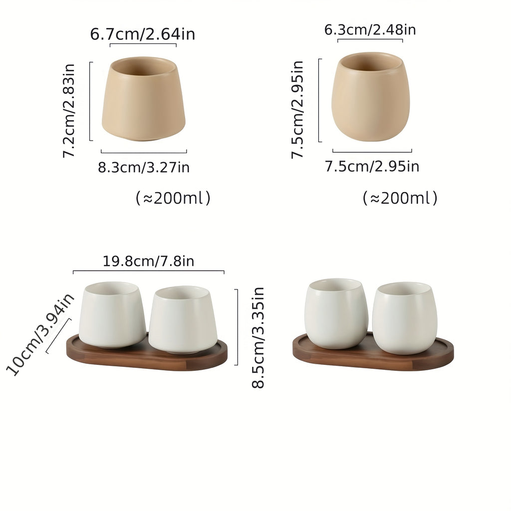 Modern Ceramic Toothbrush Holder & Mouthwash Cup 2-in-1 Set with Eggshell-Shaped Cups & Wood Tray
