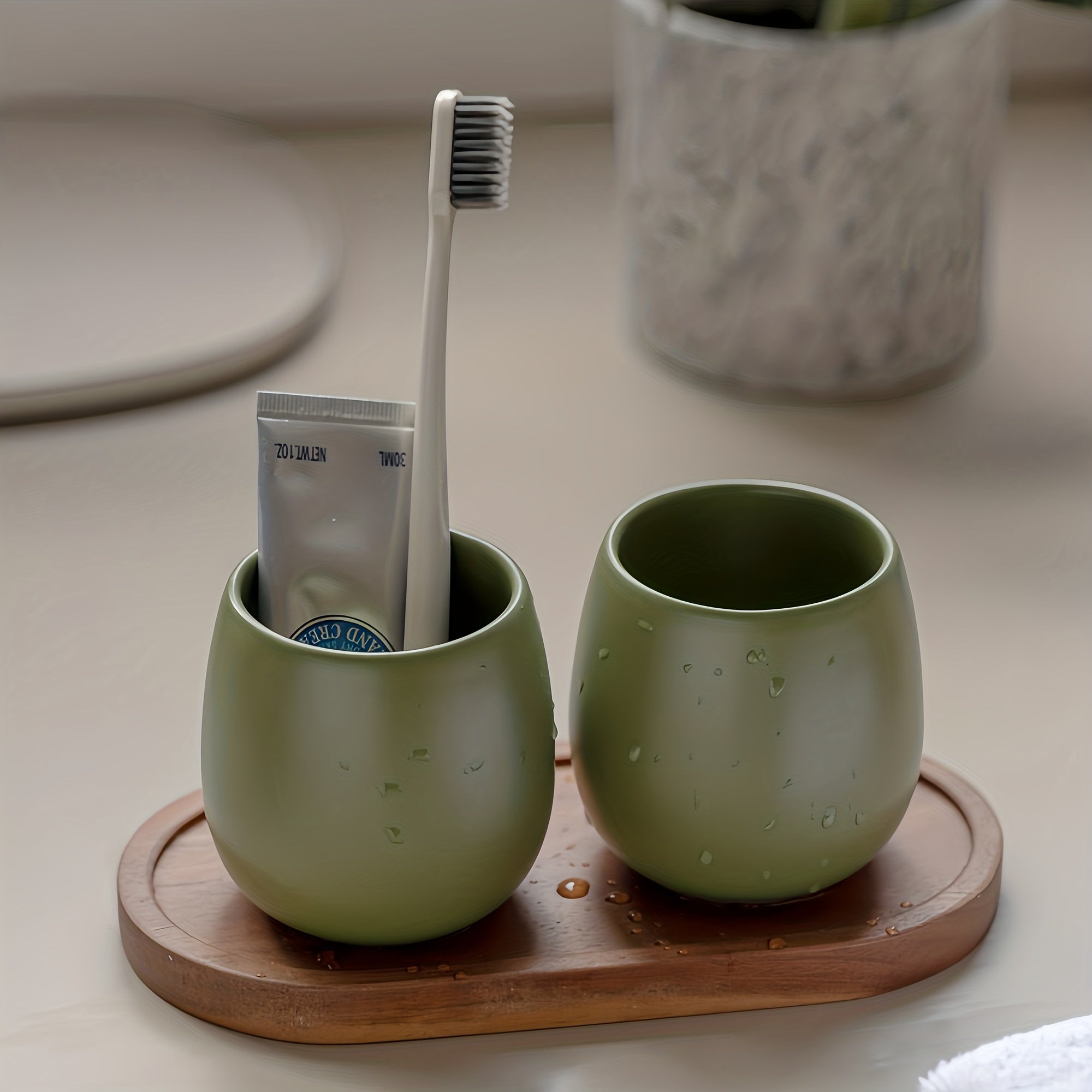 Modern Ceramic Toothbrush Holder & Mouthwash Cup 2-in-1 Set with Eggshell-Shaped Cups & Wood Tray