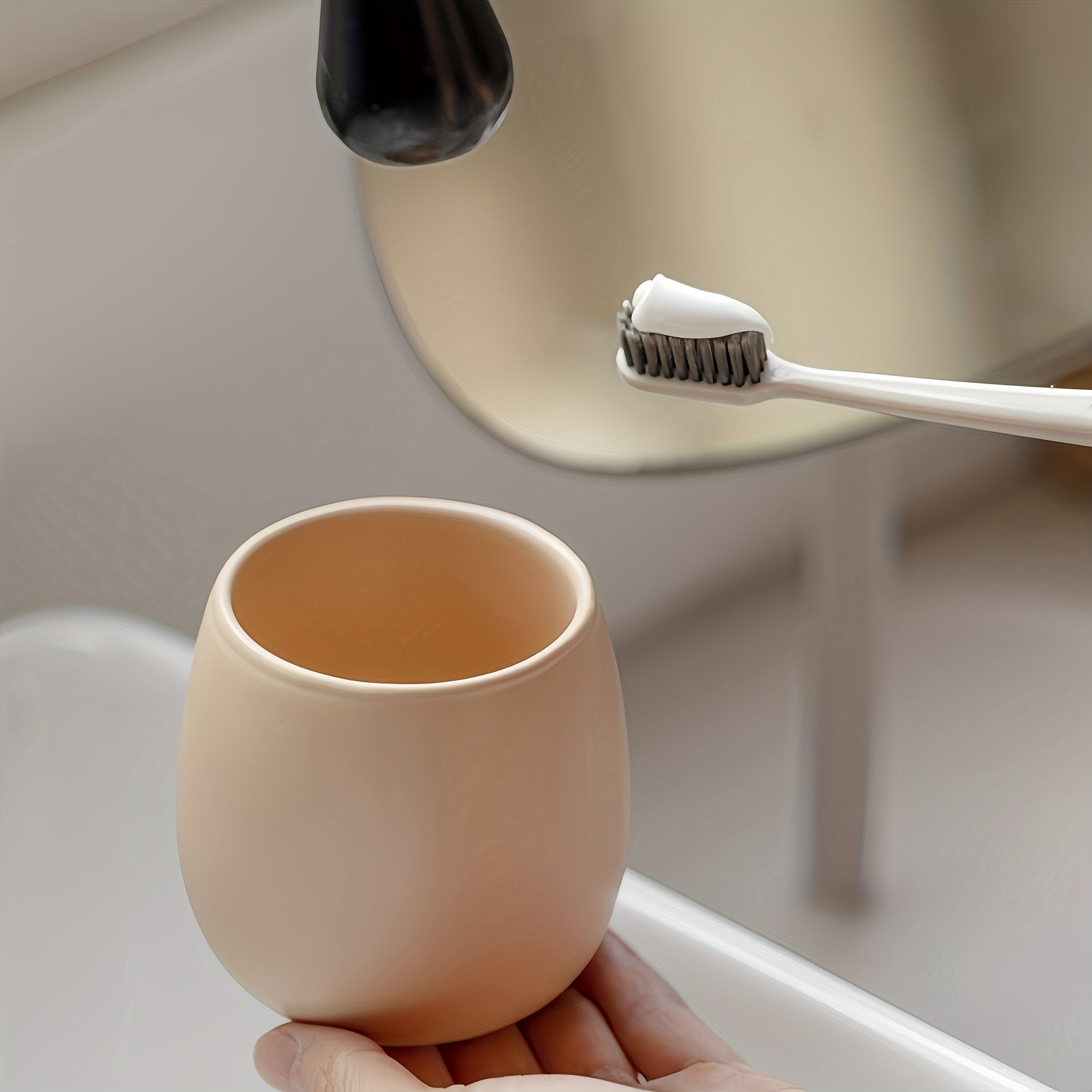 Modern Ceramic Toothbrush Holder & Mouthwash Cup 2-in-1 Set with Eggshell-Shaped Cups & Wood Tray