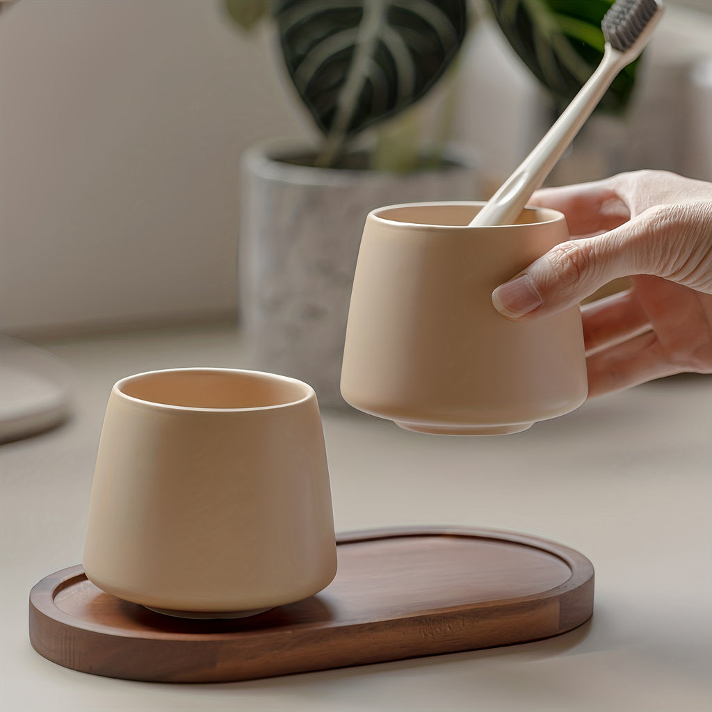 Modern Ceramic Toothbrush Holder & Mouthwash Cup 2-in-1 Set with Eggshell-Shaped Cups & Wood Tray