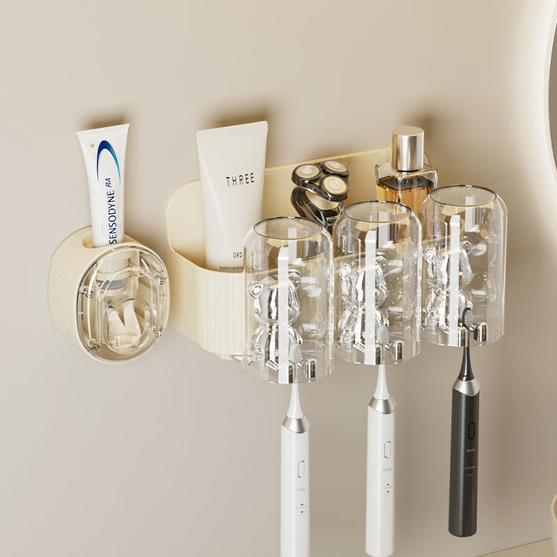 UFORU Bear Toothbrush Holder with Automatic Toothpaste Dispenser & Mouthwash Cup Rack