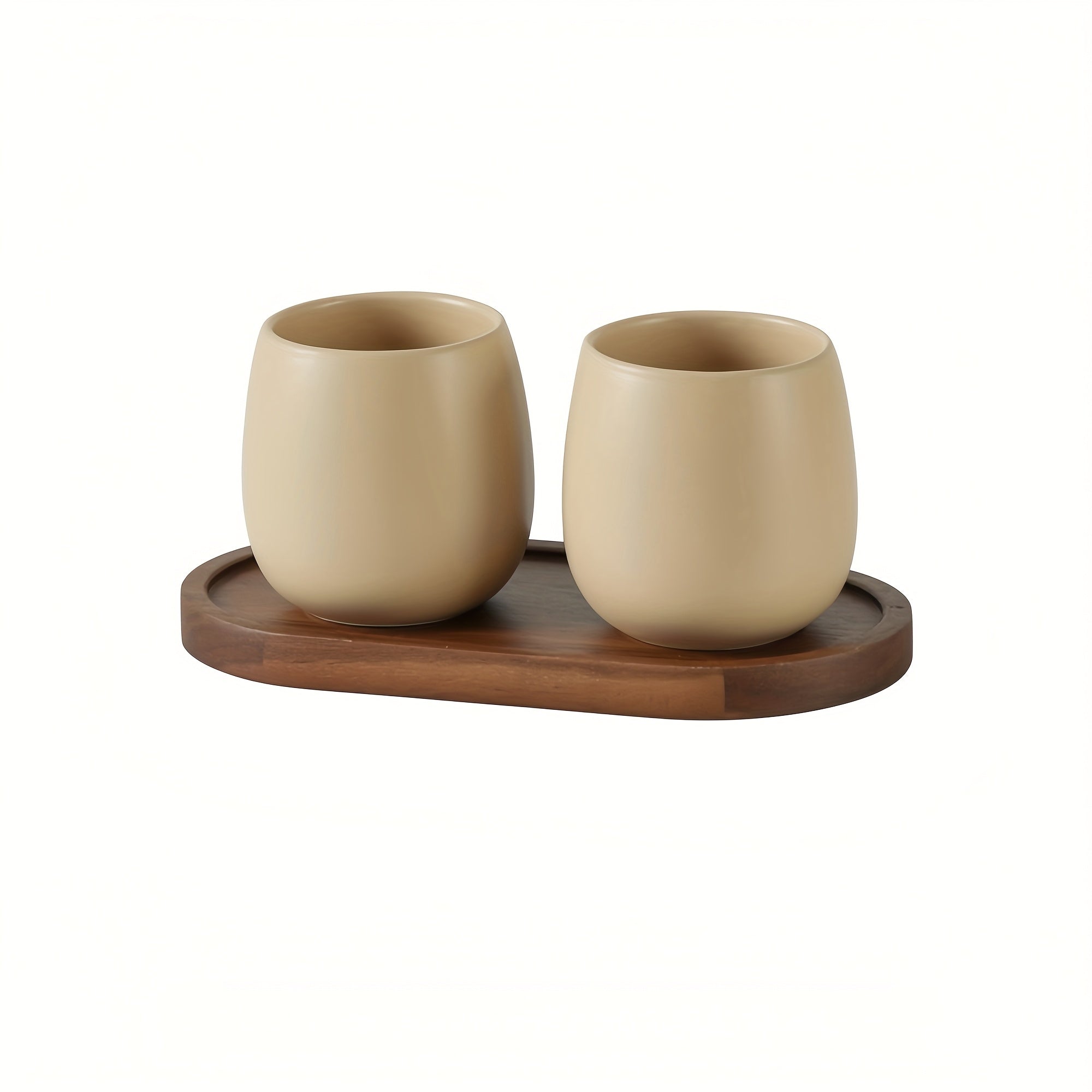 Modern Ceramic Toothbrush Holder & Mouthwash Cup 2-in-1 Set with Eggshell-Shaped Cups & Wood Tray