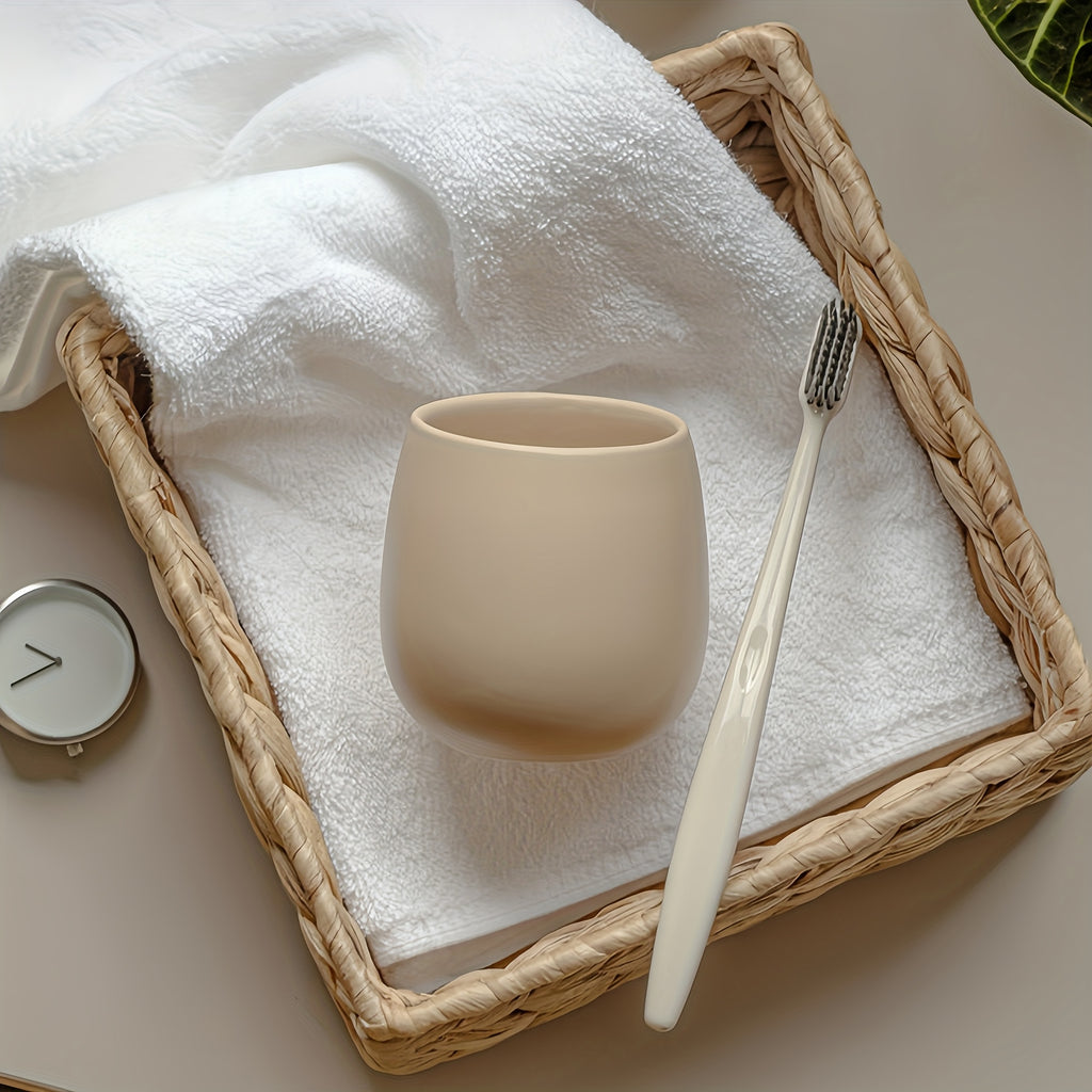 Modern Ceramic Toothbrush Holder & Mouthwash Cup 2-in-1 Set with Eggshell-Shaped Cups & Wood Tray