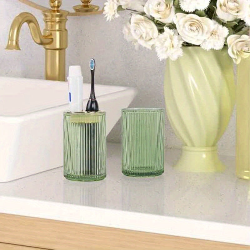 Toothbrush Holders for Bathrooms, 2pcs Glass, 12oz Tumbler & Mouthwash Cup with Toothpaste Organizer (Green Golden)