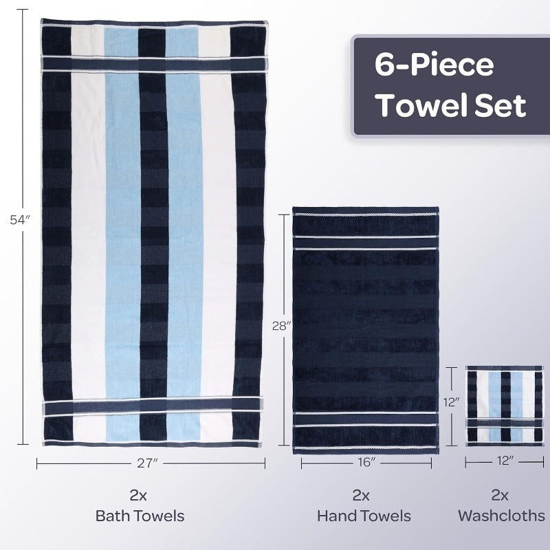 Lavish Home 6pcs Luxury Bath Towel Set - 525 GSM 100% Bath Sheets, Hand Towels & Washcloths (2 Each)