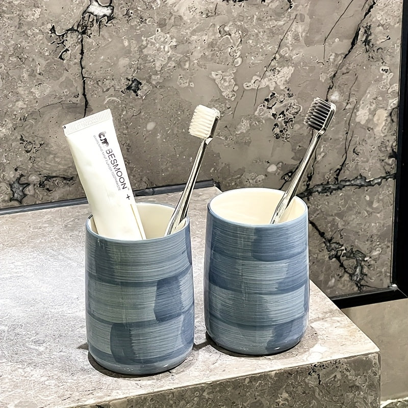 Blue Plaid Texture Ceramic, Ceramic Mouthwash Cup Bathroom Accessories, Suitable for Home and Hotel Cute Style