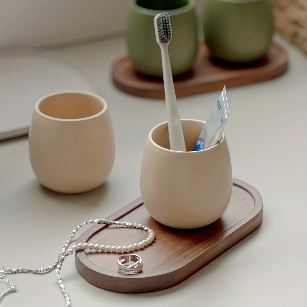 Modern Ceramic Toothbrush Holder & Mouthwash Cup 2-in-1 Set with Eggshell-Shaped Cups & Wood Tray