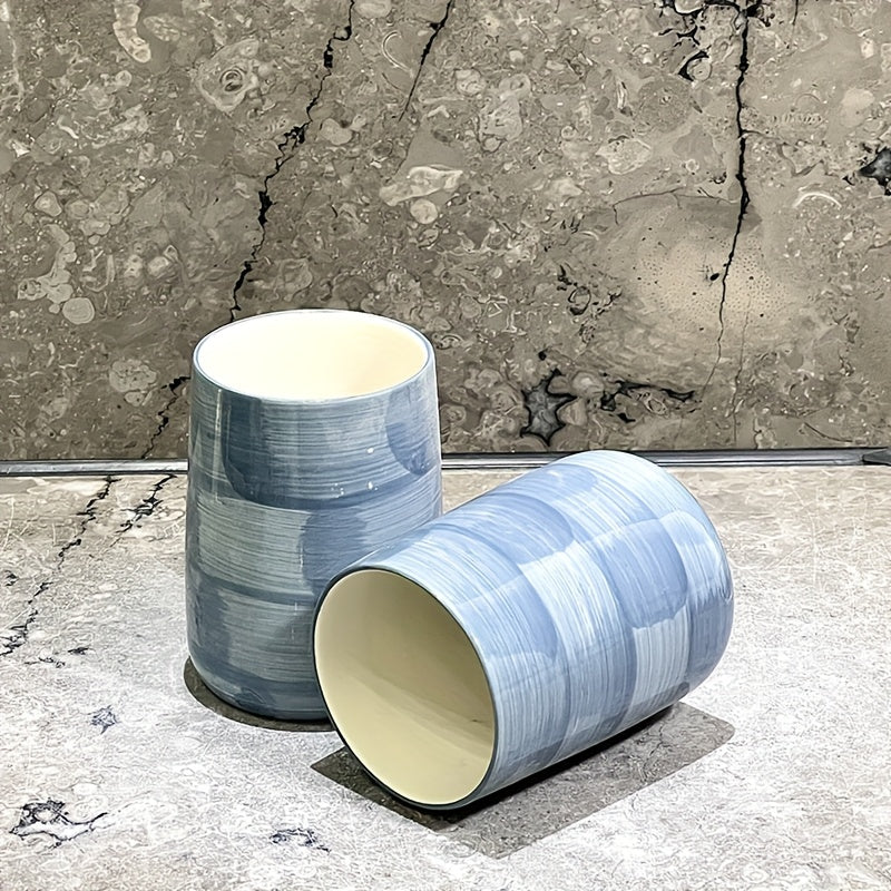 Blue Plaid Texture Ceramic, Ceramic Mouthwash Cup Bathroom Accessories, Suitable for Home and Hotel Cute Style