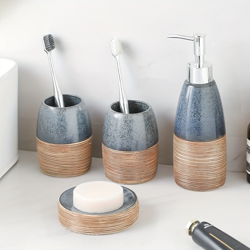 Vintage European Style Creative Ceramic Bathroom 4pcs Set, Square Toothbrush Holder and Mouthwash Cup for Travel