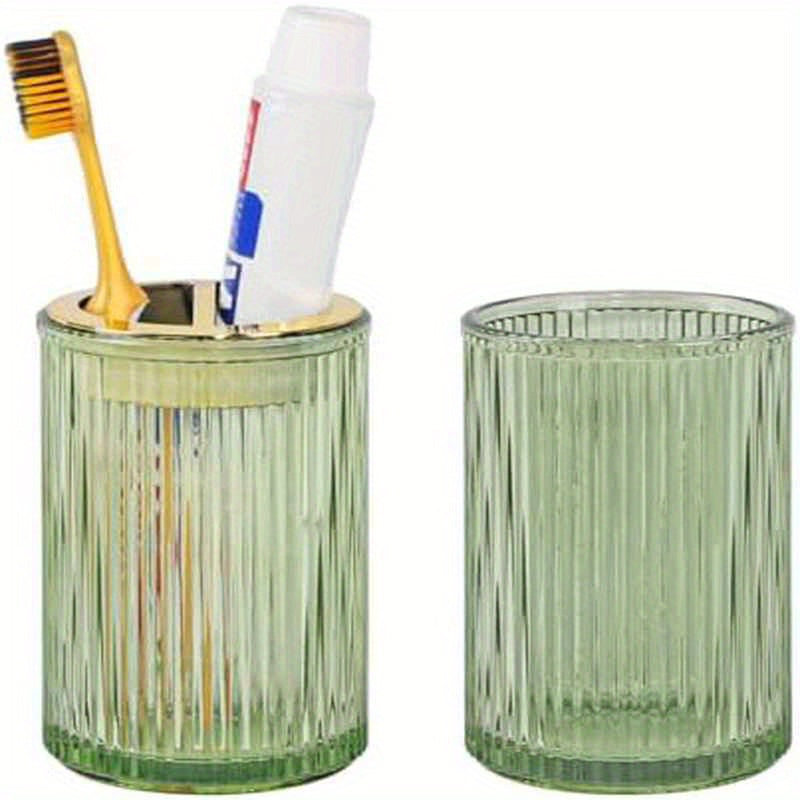 Toothbrush Holders for Bathrooms, 2pcs Glass, 12oz Tumbler & Mouthwash Cup with Toothpaste Organizer (Green Golden)