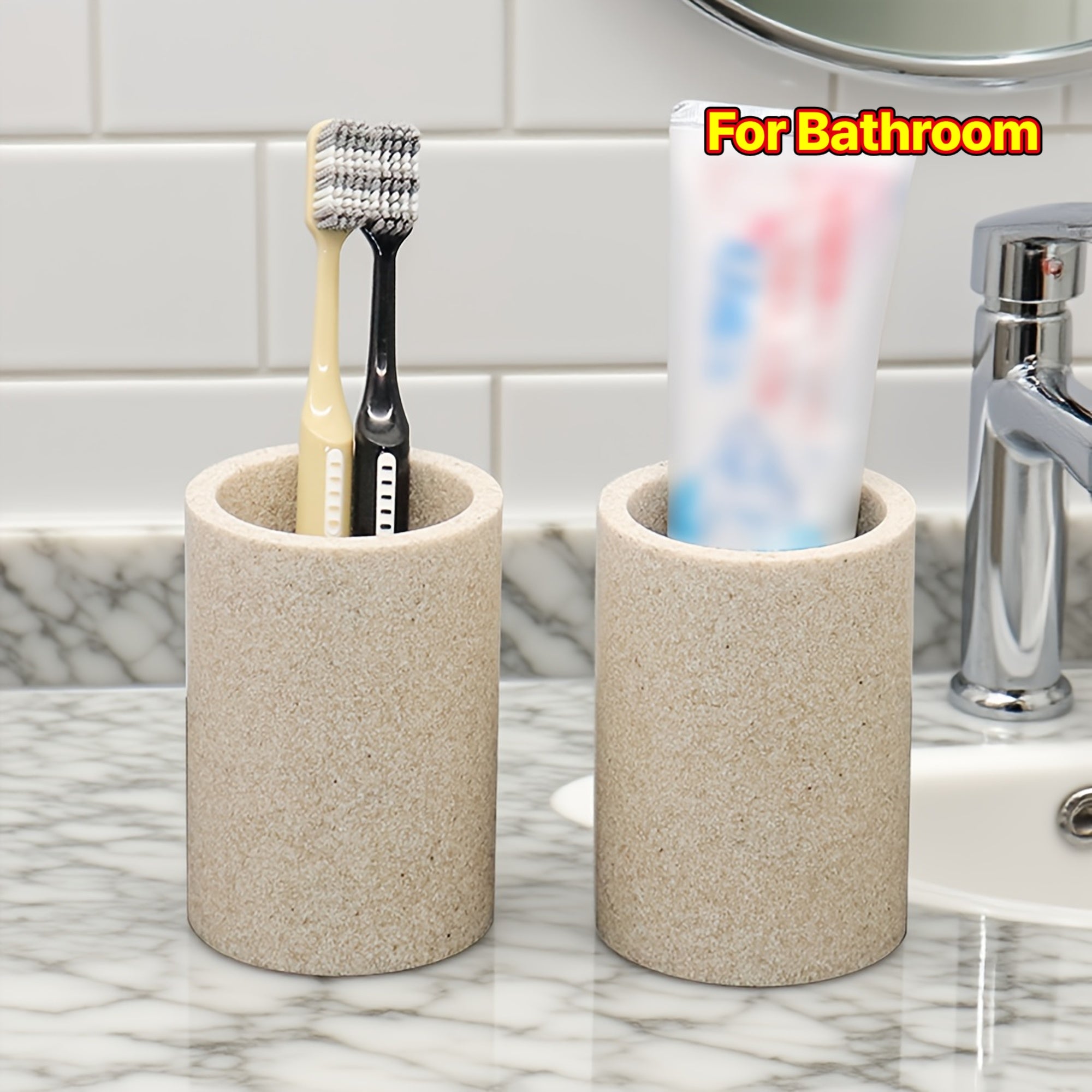 Artificial Sandstone Series Mouthwash Cup, Glass with Toothbrush Holder for Bathroom Storage - Portable Dental Care Set