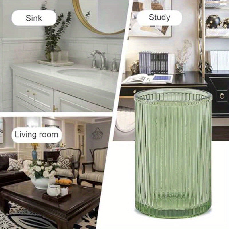 Toothbrush Holders for Bathrooms, 2pcs Glass, 12oz Tumbler & Mouthwash Cup with Toothpaste Organizer (Green Golden)