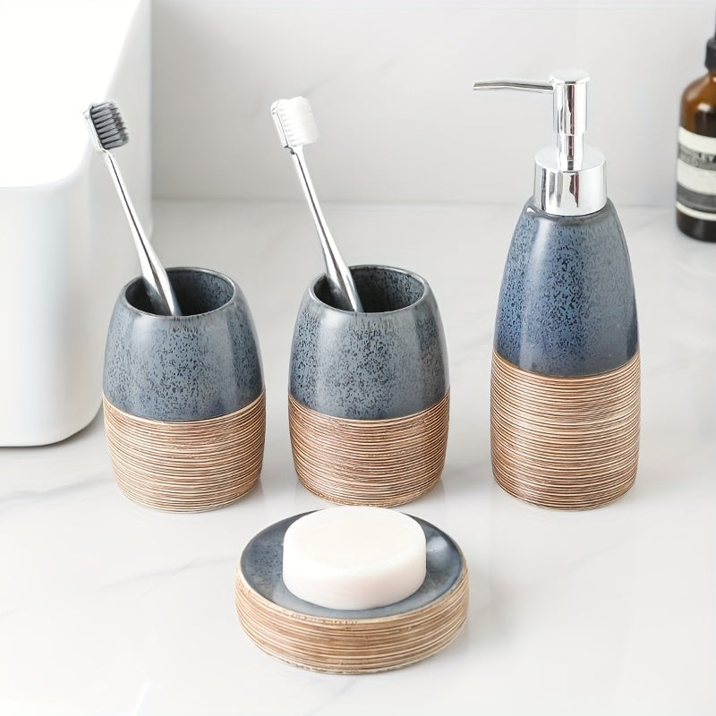 Vintage European Style Creative Ceramic Bathroom 4pcs Set, Square Toothbrush Holder and Mouthwash Cup for Travel