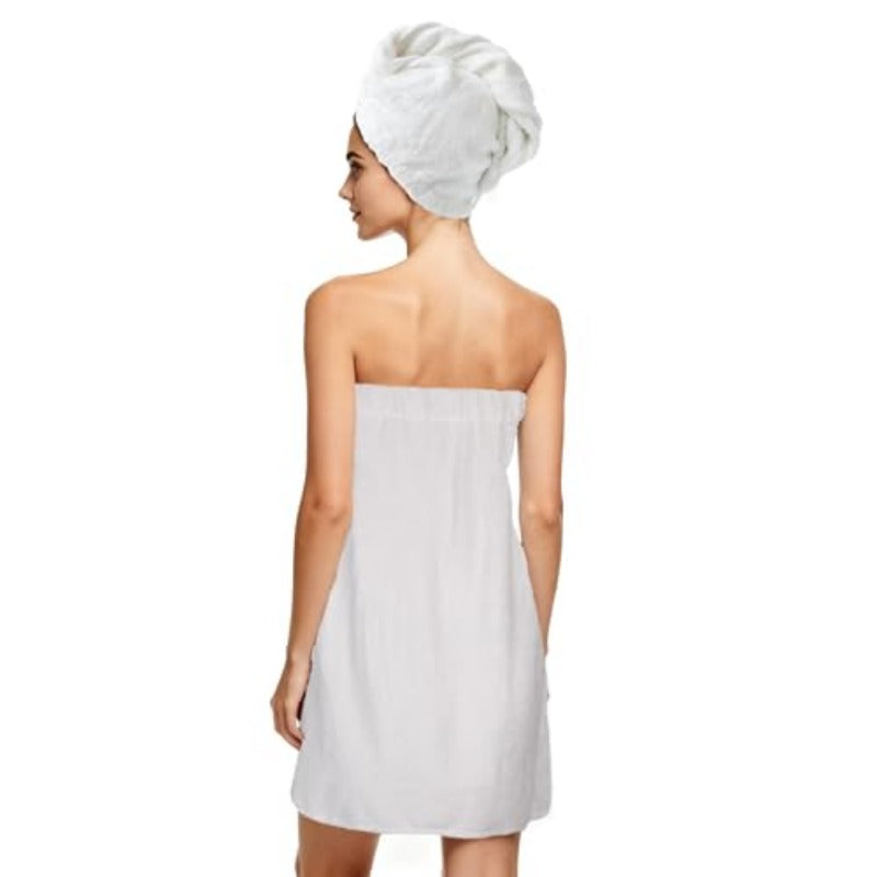 Super Absorbent Quick Dry Spa Bath Wrap Shower Skirt and Hair Drying Turban - 2pcs Set One-Size White
