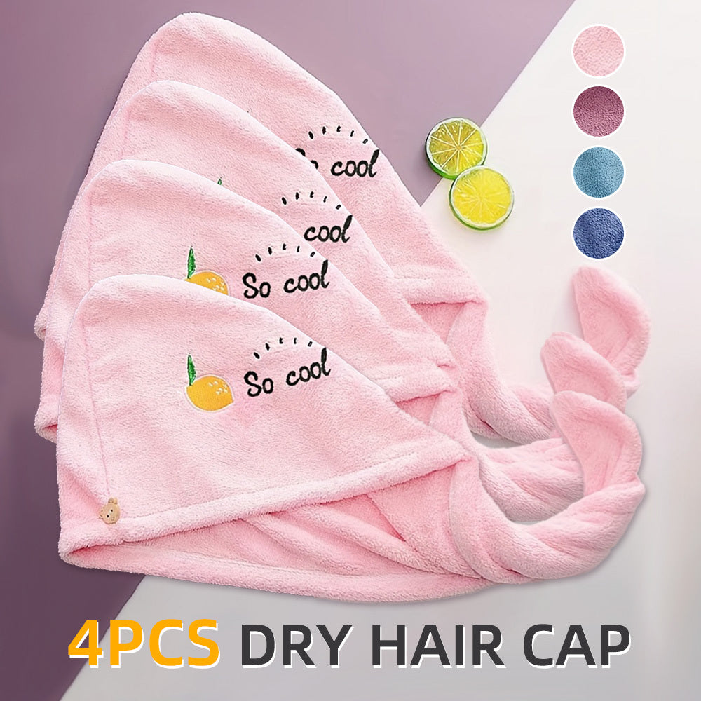 4pcs Soft Absorbent Quick-Dry Hair Caps with Fruit Embroidery - Pastel Blue, Pink, Mint Green & Peach