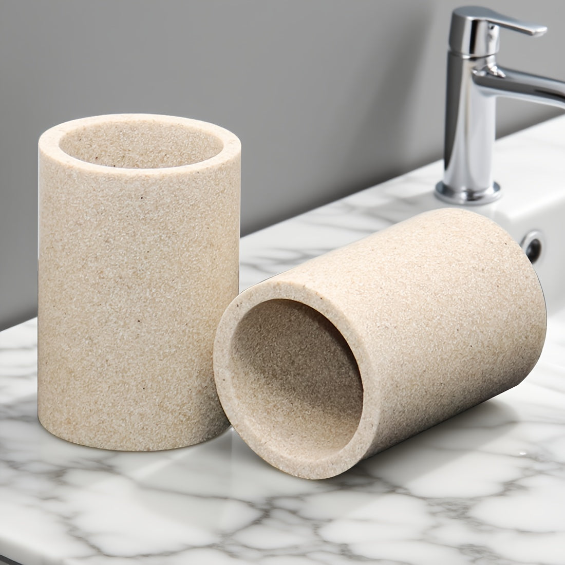 Artificial Sandstone Series Mouthwash Cup, Glass with Toothbrush Holder for Bathroom Storage - Portable Dental Care Set