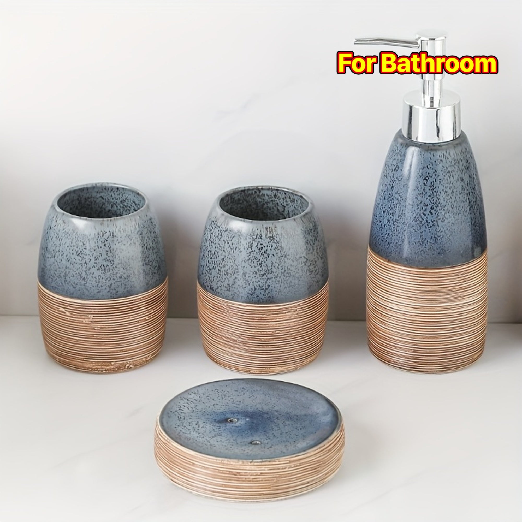 Vintage European Style Creative Ceramic Bathroom 4pcs Set, Square Toothbrush Holder and Mouthwash Cup for Travel