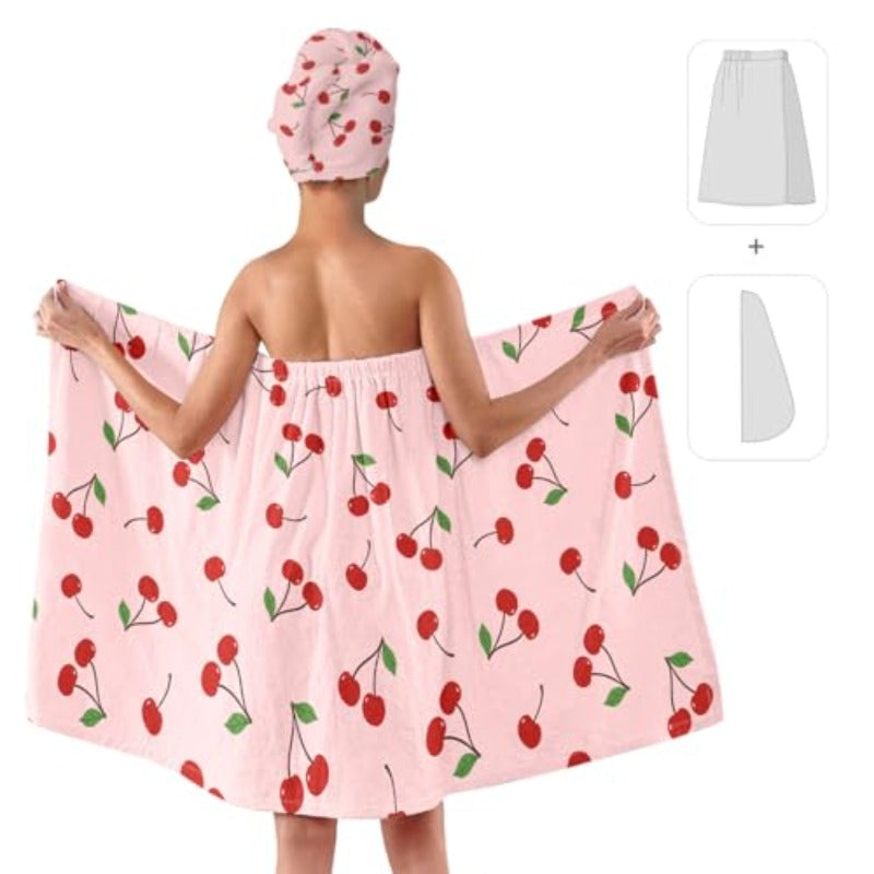 Women'S Cherry Print Towel Wrap and Hair Drying Cap Set | Cute Pink Microfiber Shower Wrap with Adjustable Closure