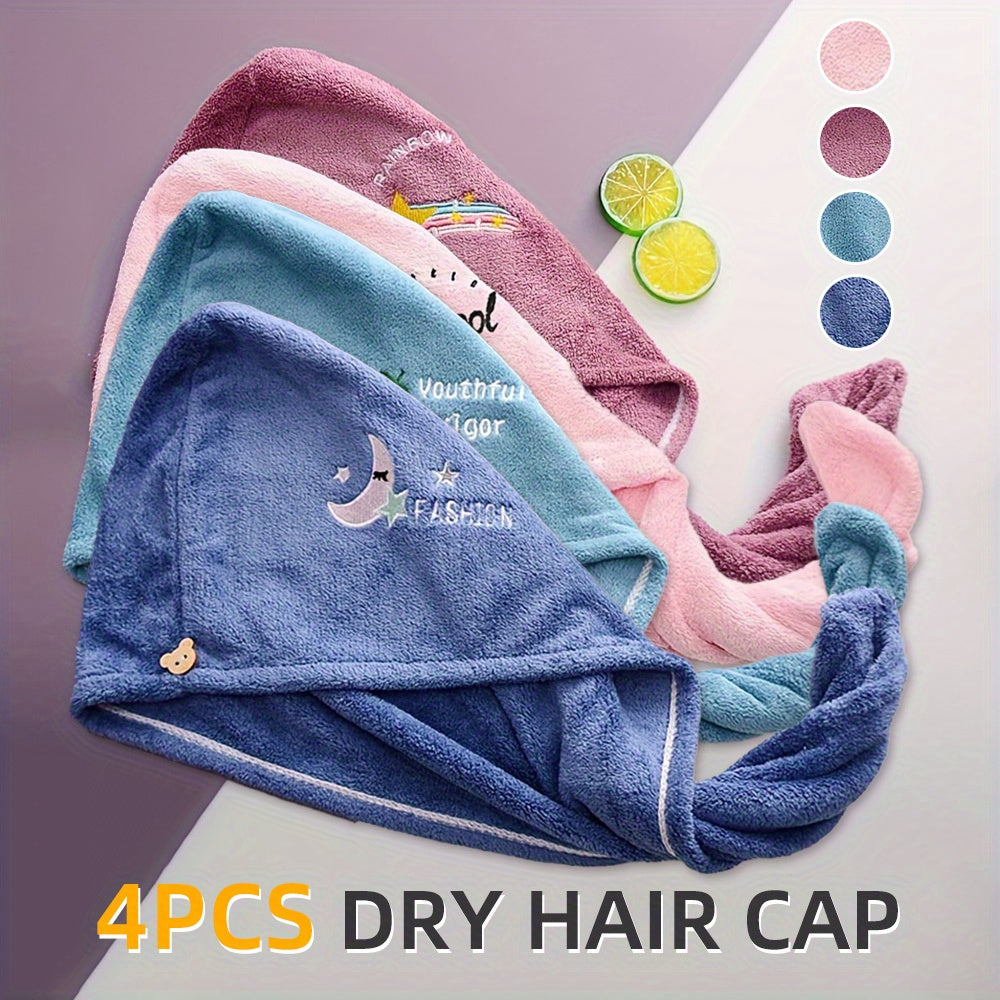 4pcs Soft Absorbent Quick-Dry Hair Caps with Fruit Embroidery - Pastel Blue, Pink, Mint Green & Peach