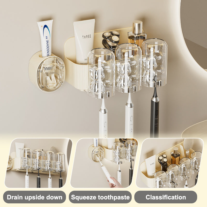 UFORU Bear Toothbrush Holder with Automatic Toothpaste Dispenser & Mouthwash Cup Rack