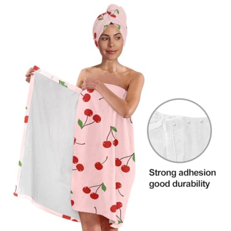 Women'S Cherry Print Towel Wrap and Hair Drying Cap Set | Cute Pink Microfiber Shower Wrap with Adjustable Closure
