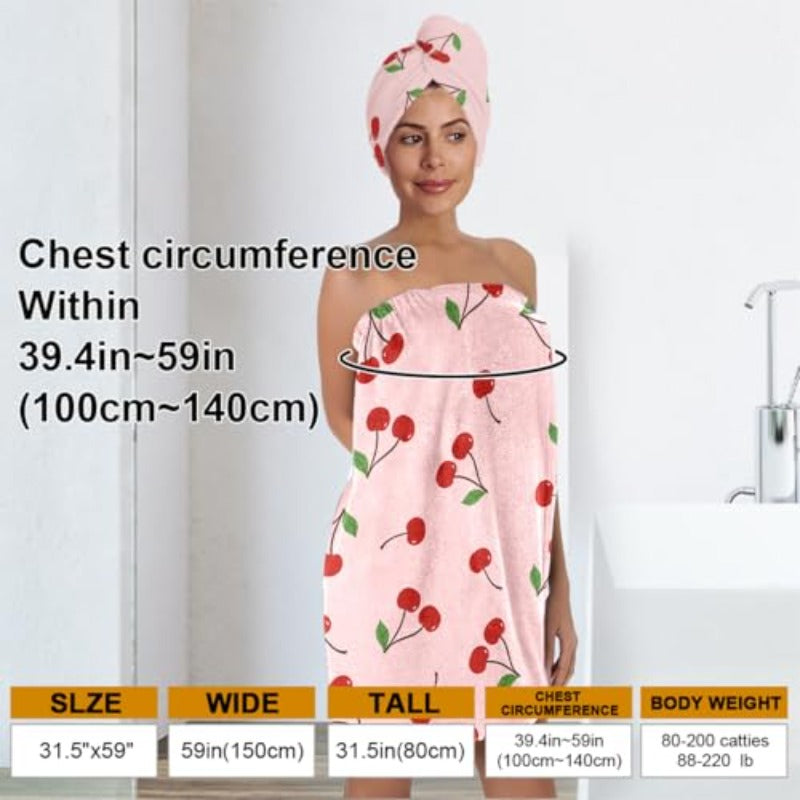 Women'S Cherry Print Towel Wrap and Hair Drying Cap Set | Cute Pink Microfiber Shower Wrap with Adjustable Closure