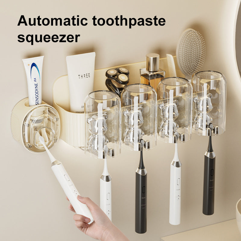 UFORU Bear Toothbrush Holder with Automatic Toothpaste Dispenser & Mouthwash Cup Rack