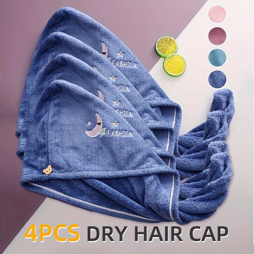 4pcs Soft Absorbent Quick-Dry Hair Caps with Fruit Embroidery - Pastel Blue, Pink, Mint Green & Peach