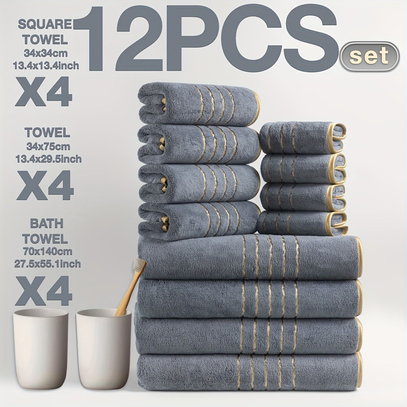 12pcs Set of Ultra-Soft Luxury Golden Thread Coral Washcloth Towel Bath Towel Set