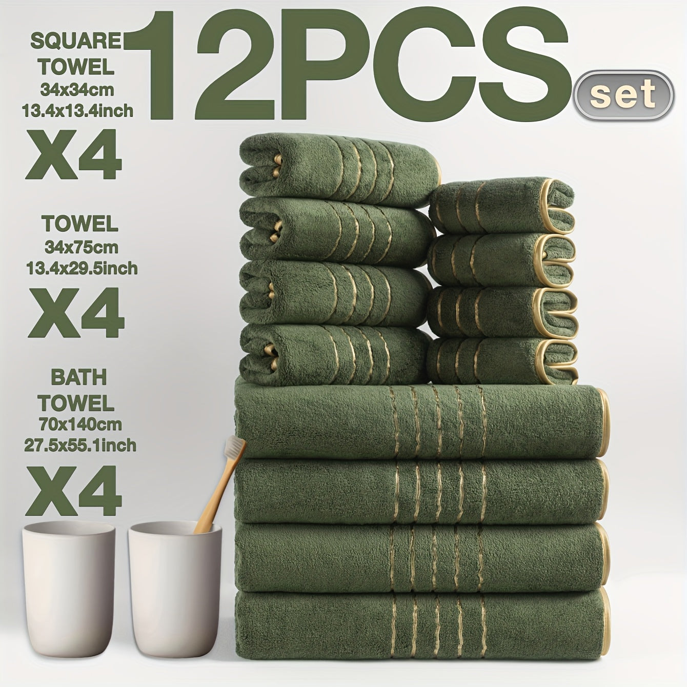 12pcs Set of Ultra-Soft Luxury Golden Thread Coral Washcloth Towel Bath Towel Set