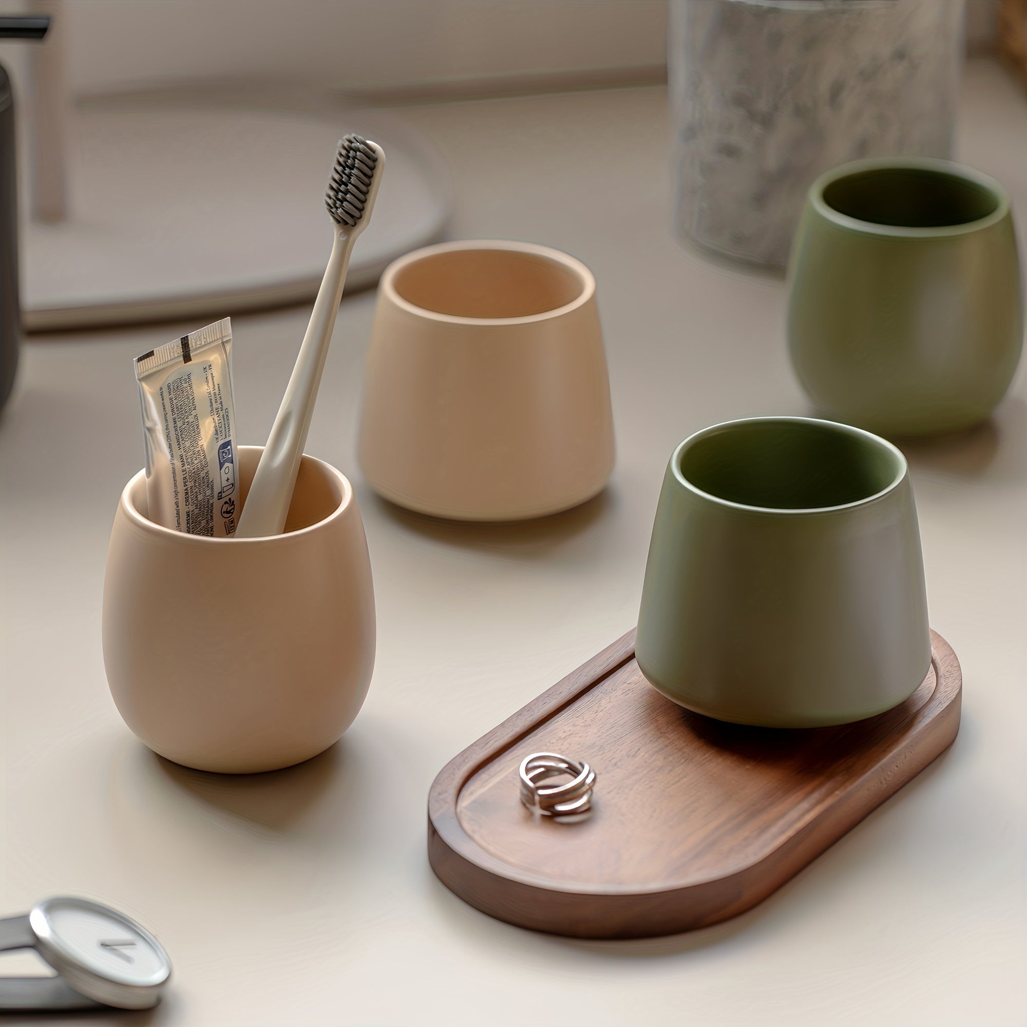 Modern Ceramic Toothbrush Holder & Mouthwash Cup 2-in-1 Set with Eggshell-Shaped Cups & Wood Tray