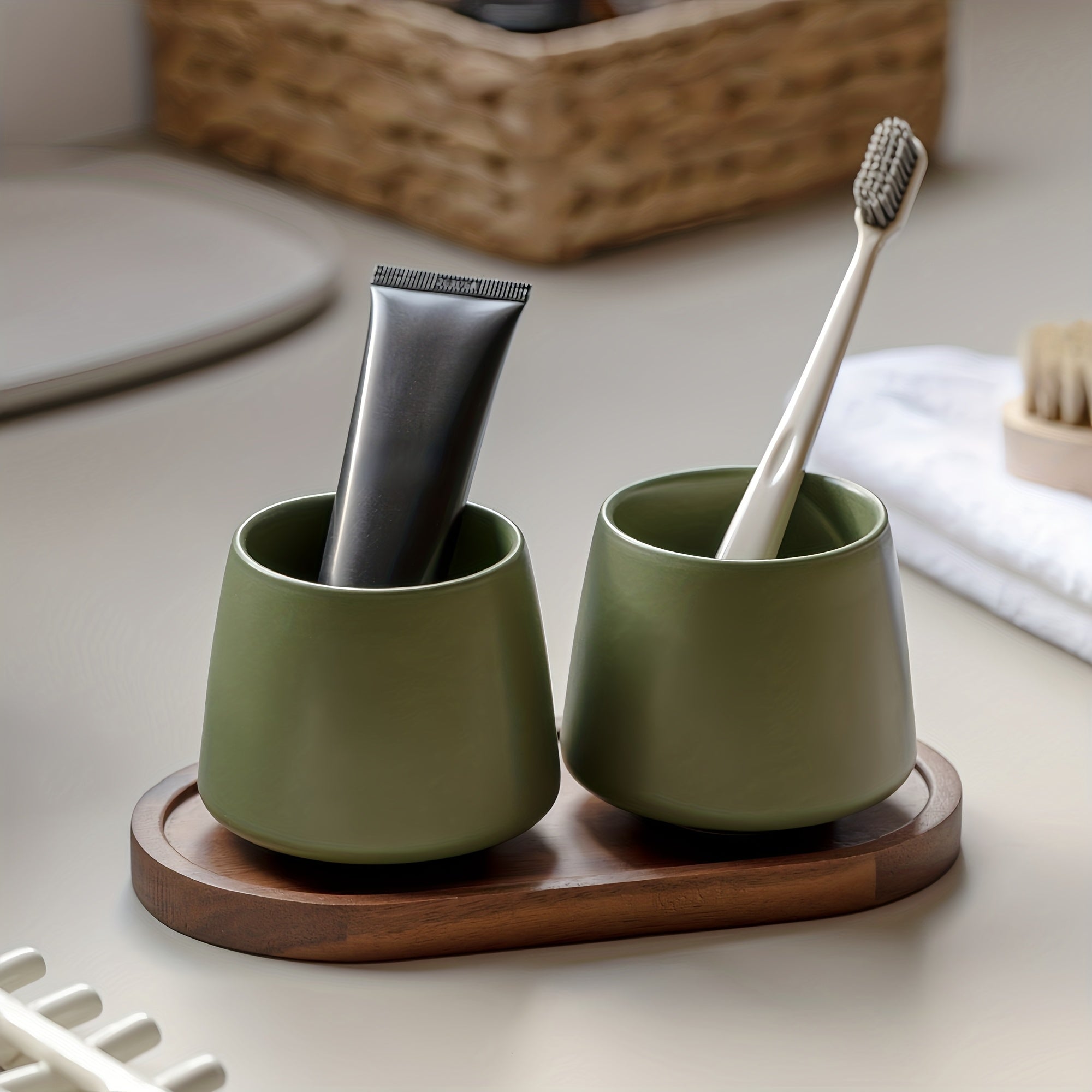 Modern Ceramic Toothbrush Holder & Mouthwash Cup 2-in-1 Set with Eggshell-Shaped Cups & Wood Tray