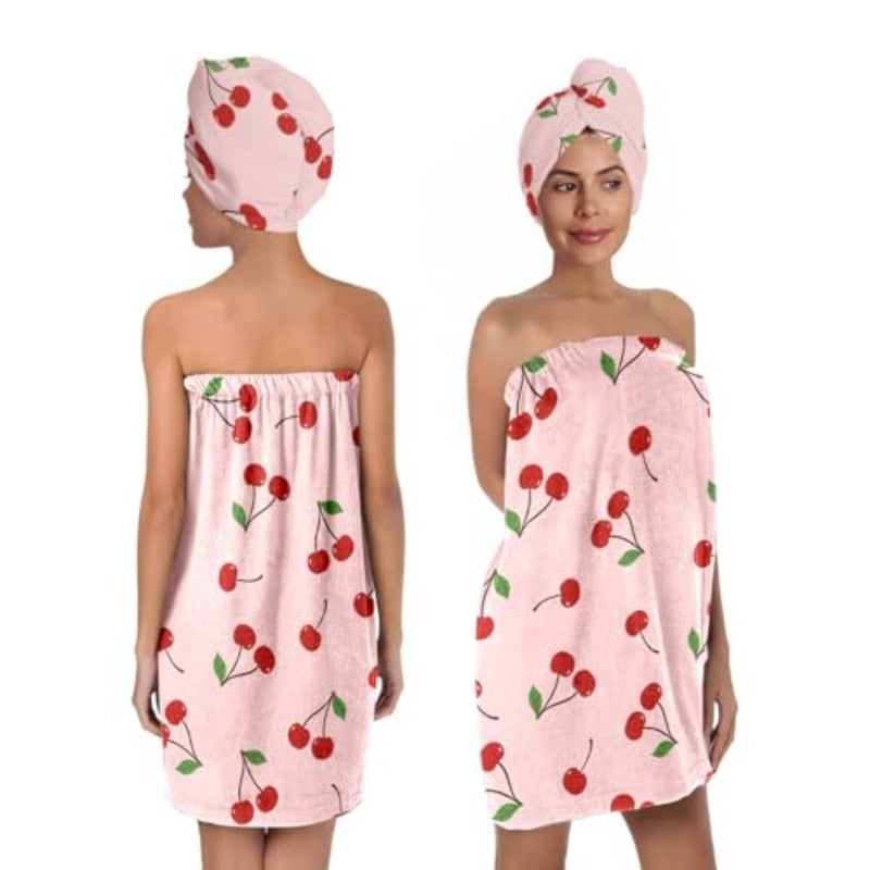 Women'S Cherry Print Towel Wrap and Hair Drying Cap Set | Cute Pink Microfiber Shower Wrap with Adjustable Closure