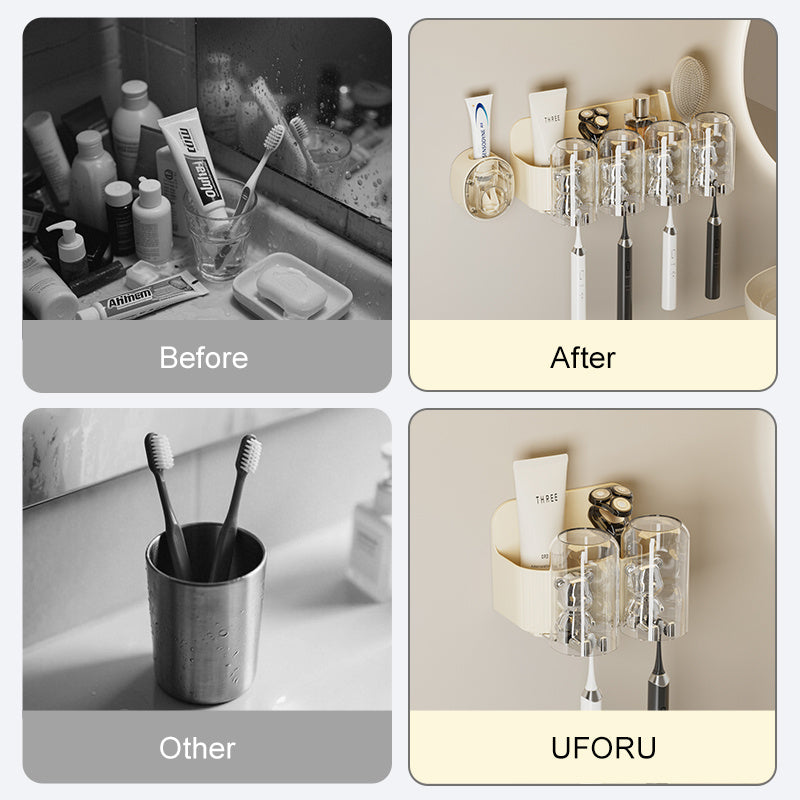 UFORU Bear Toothbrush Holder with Automatic Toothpaste Dispenser & Mouthwash Cup Rack
