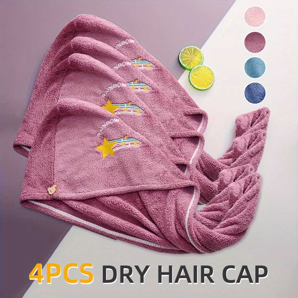 4pcs Soft Absorbent Quick-Dry Hair Caps with Fruit Embroidery - Pastel Blue, Pink, Mint Green & Peach