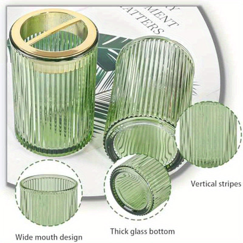 Toothbrush Holders for Bathrooms, 2pcs Glass, 12oz Tumbler & Mouthwash Cup with Toothpaste Organizer (Green Golden)