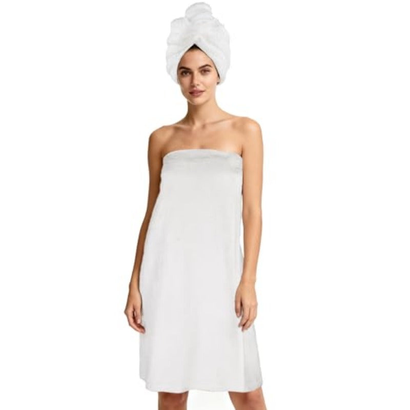 Super Absorbent Quick Dry Spa Bath Wrap Shower Skirt and Hair Drying Turban - 2pcs Set One-Size White