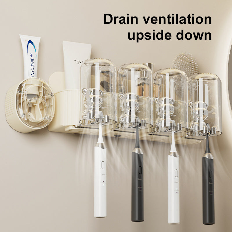 UFORU Bear Toothbrush Holder with Automatic Toothpaste Dispenser & Mouthwash Cup Rack