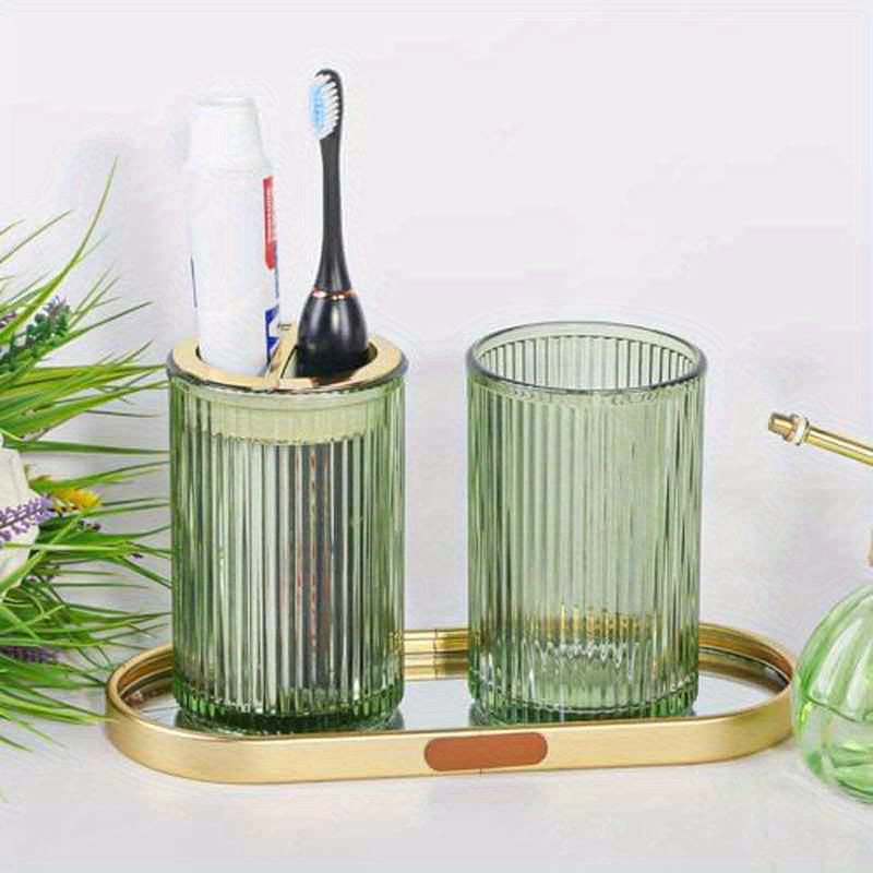 Toothbrush Holders for Bathrooms, 2pcs Glass, 12oz Tumbler & Mouthwash Cup with Toothpaste Organizer (Green Golden)