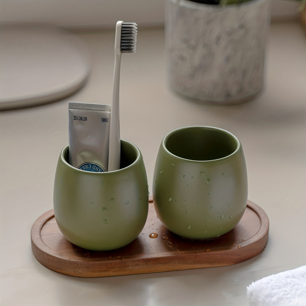 Modern Ceramic Toothbrush Holder & Mouthwash Cup 2-in-1 Set with Eggshell-Shaped Cups & Wood Tray