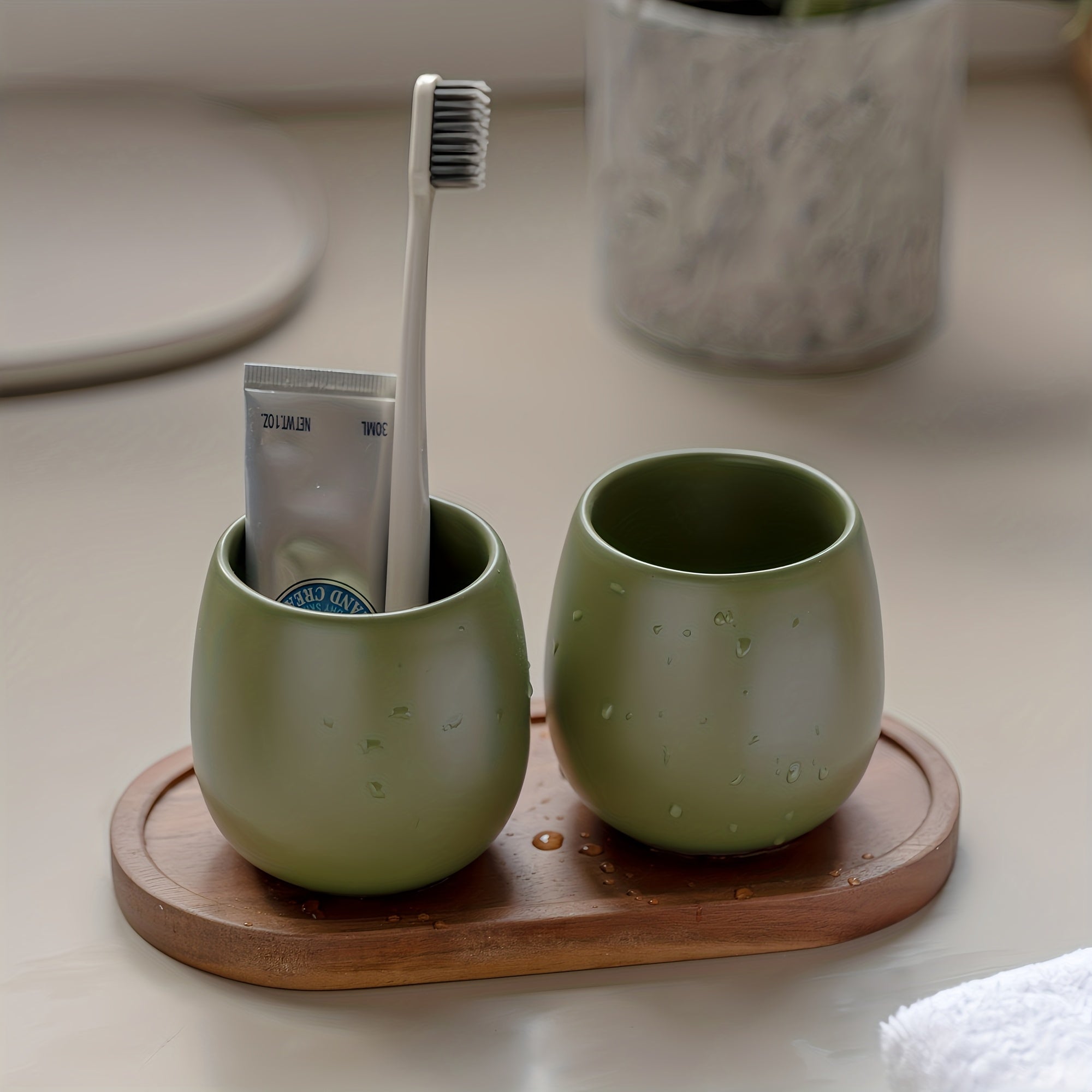 Modern Ceramic Toothbrush Holder & Mouthwash Cup 2-in-1 Set with Eggshell-Shaped Cups & Wood Tray