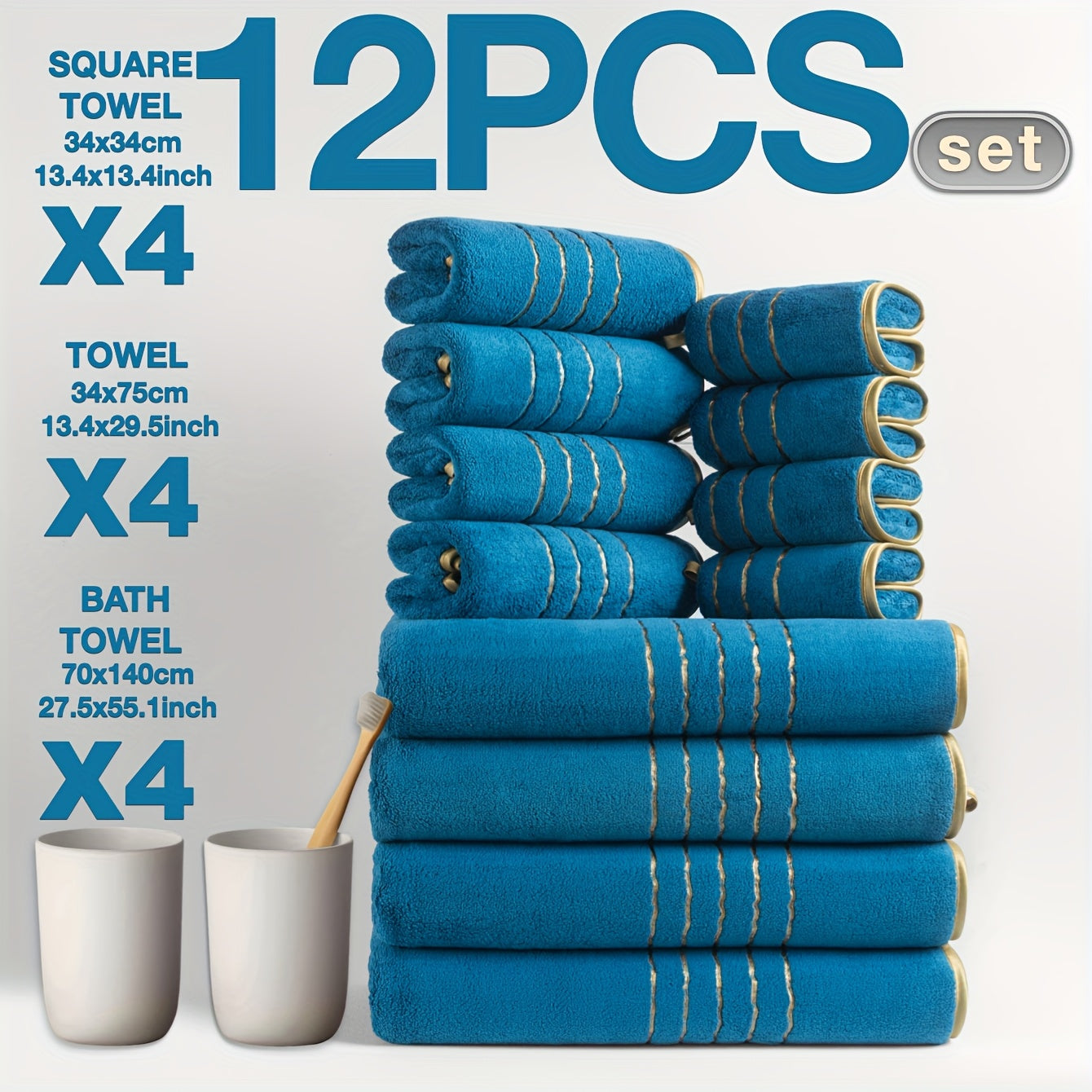 12pcs Set of Ultra-Soft Luxury Golden Thread Coral Washcloth Towel Bath Towel Set