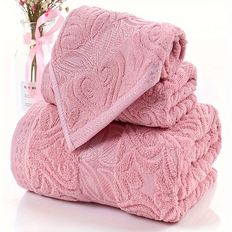 Luxury Jacquard Set - Soft, Absorbent & Quick-Drying Towels with Elegant Floral pattern in Pink - Plush Texture for Spa