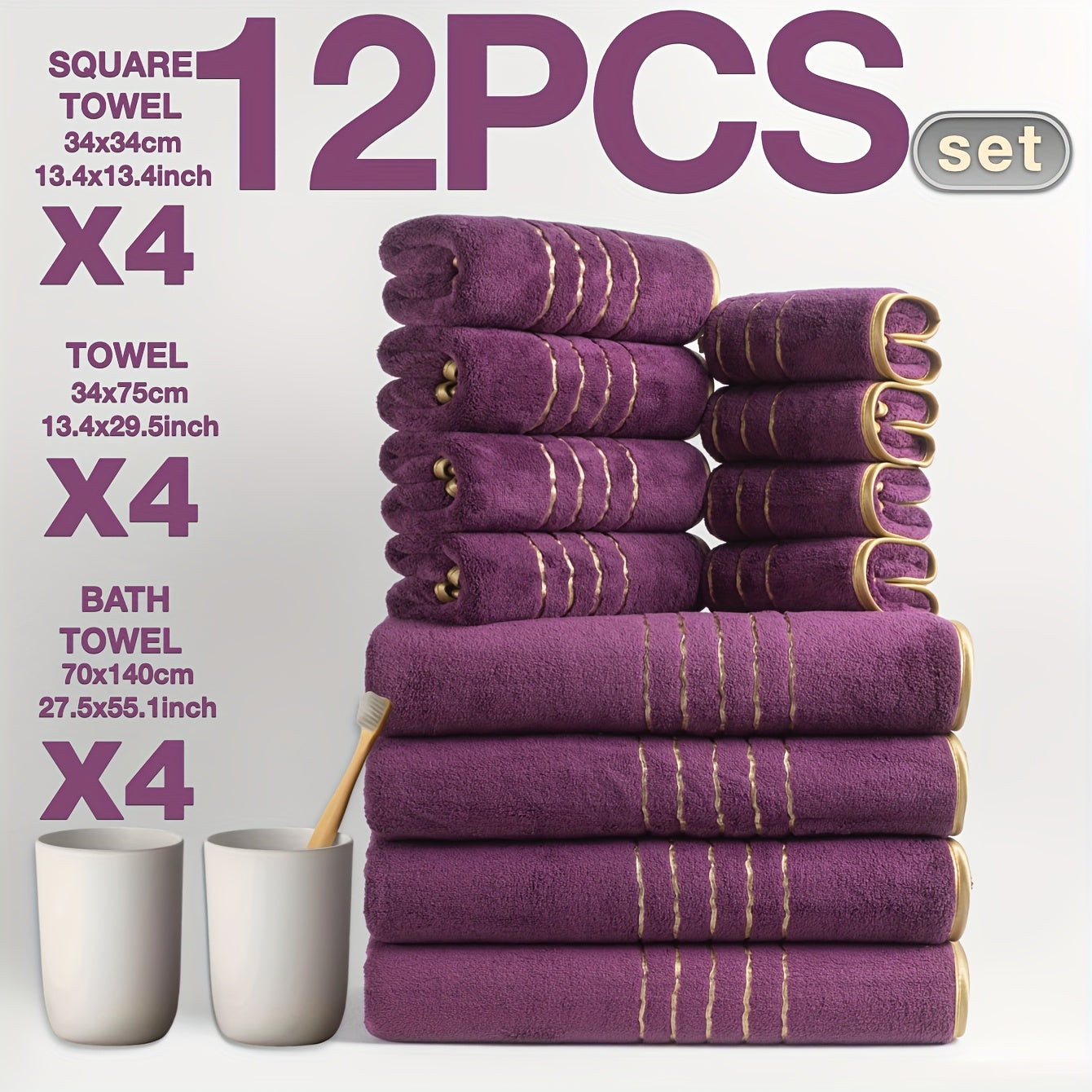 12pcs Set of Ultra-Soft Luxury Golden Thread Coral Washcloth Towel Bath Towel Set