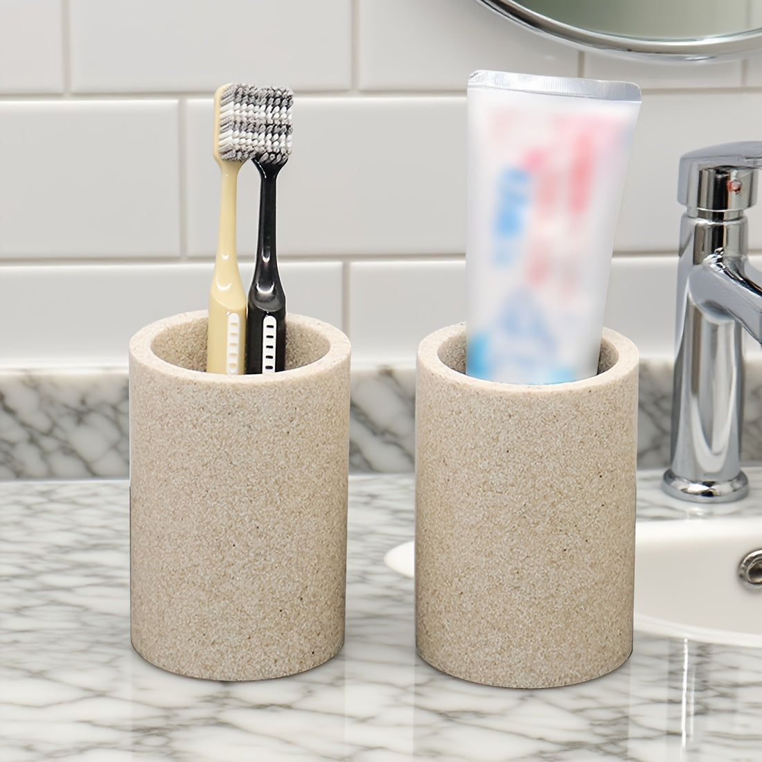 Artificial Sandstone Series Mouthwash Cup, Glass with Toothbrush Holder for Bathroom Storage - Portable Dental Care Set