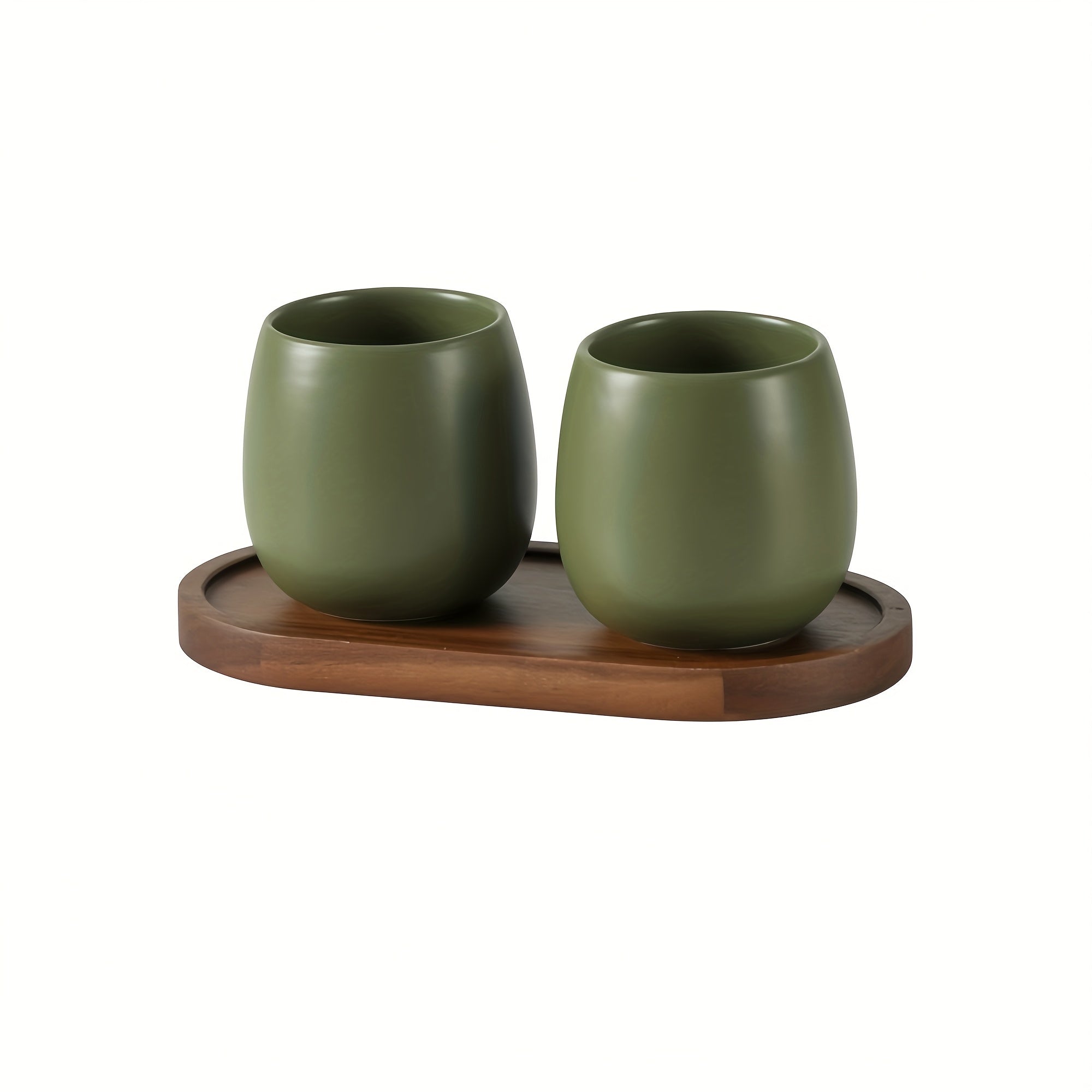 Modern Ceramic Toothbrush Holder & Mouthwash Cup 2-in-1 Set with Eggshell-Shaped Cups & Wood Tray