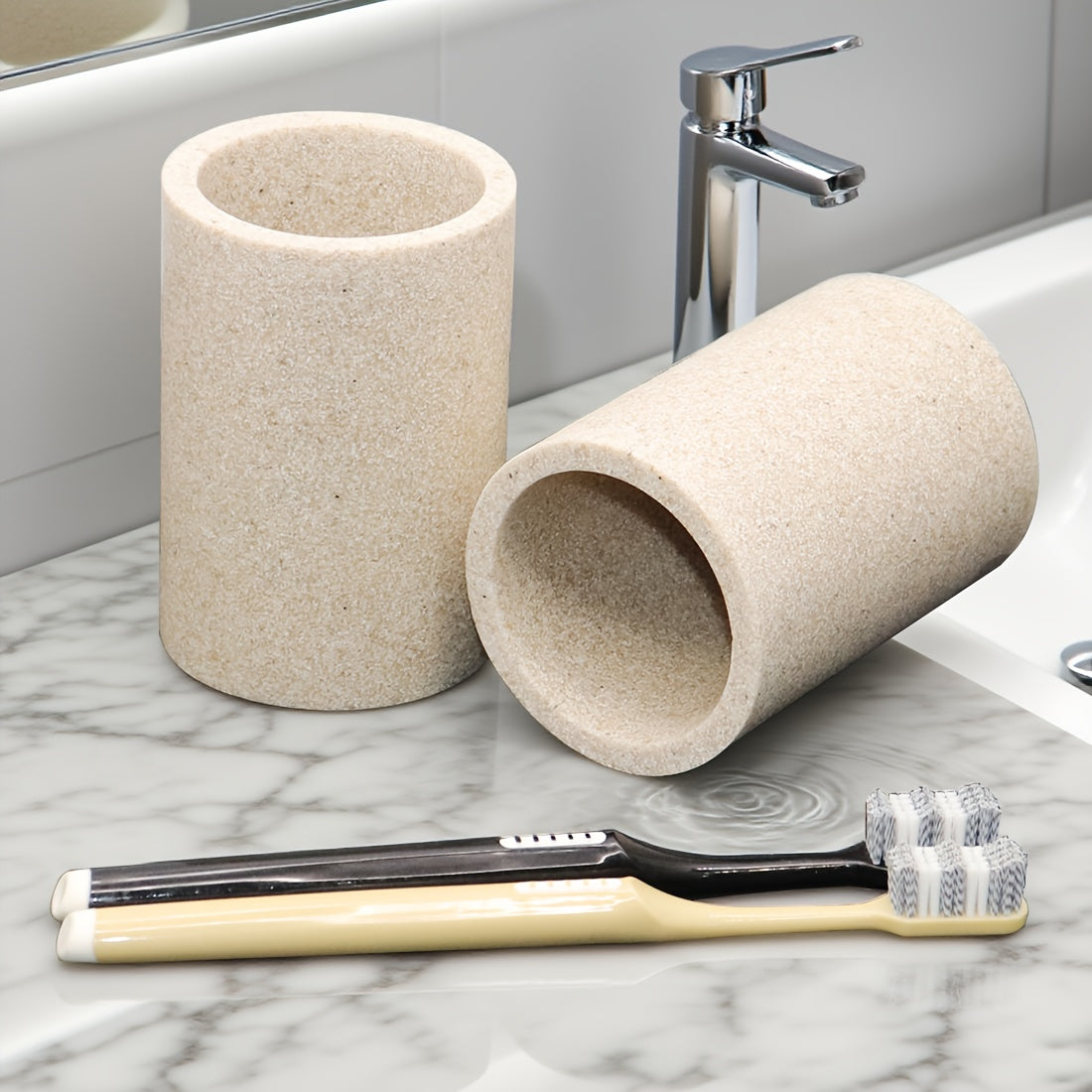 Artificial Sandstone Series Mouthwash Cup, Glass with Toothbrush Holder for Bathroom Storage - Portable Dental Care Set